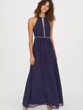 H&M Navy Gown with Silver Beaded Trim